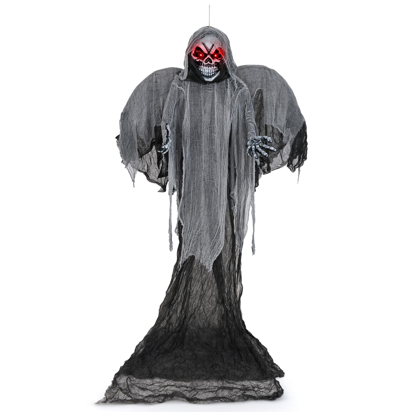 Tangkula Faucheuse d'Halloween suspendue de 3,7 m avec ailes, fantôme animatronique à activation vocale avec yeux lumineux et sons terrifiants
